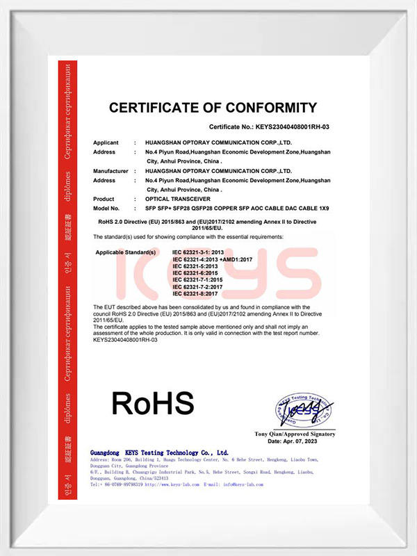 Optical Module ROHS Certificate